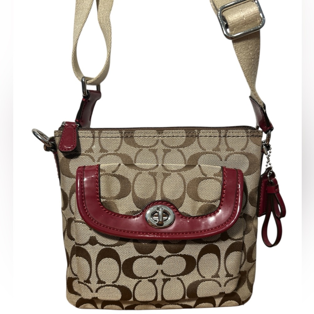 Coach Brown and Red Crossbody Bag with Signature Monogram